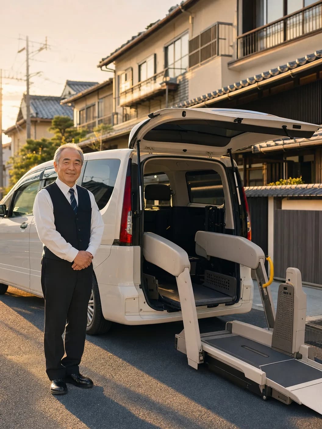 代表 橋本が福祉車両の前で待つ